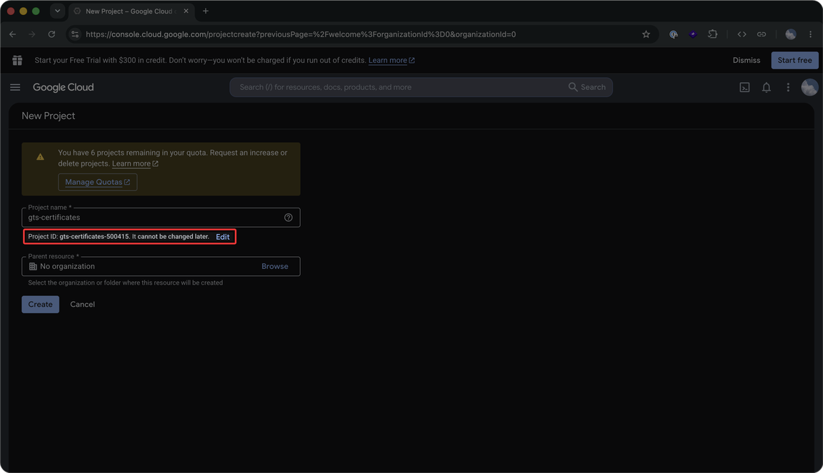 Google Cloud Platform 的“新建项目”页面的屏幕截图,框住了“Project ID”字段。